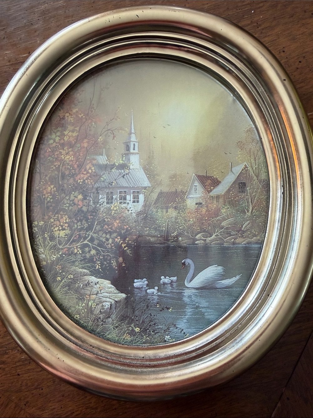 Homco vintage Oval Framed Swan Lake Landscape Print in plastic Gold Frame